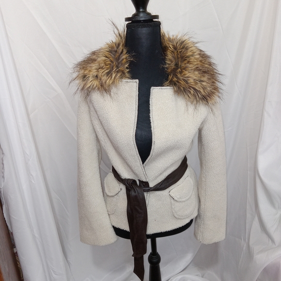 Ideology Reversible Shearling/Faux Fur Jacket with Collar Leather Belt Womens PS - Picture 2 of 15
